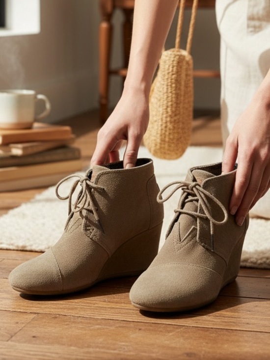 Toms Shoes - TOM’s Women's Taupe Lace-Up suede Wedge Ankle Boots size 8 W. - sku 2